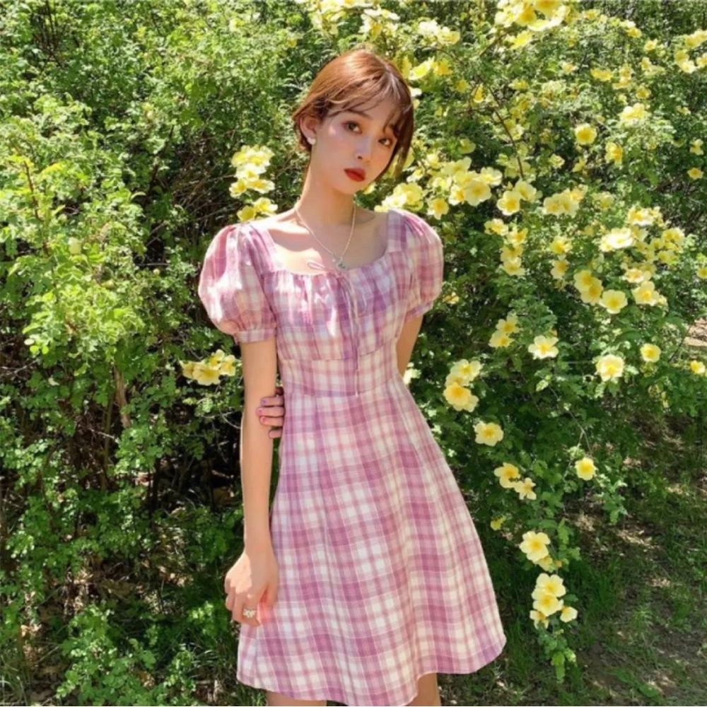 Cottagecore princess gingham purple dress💗